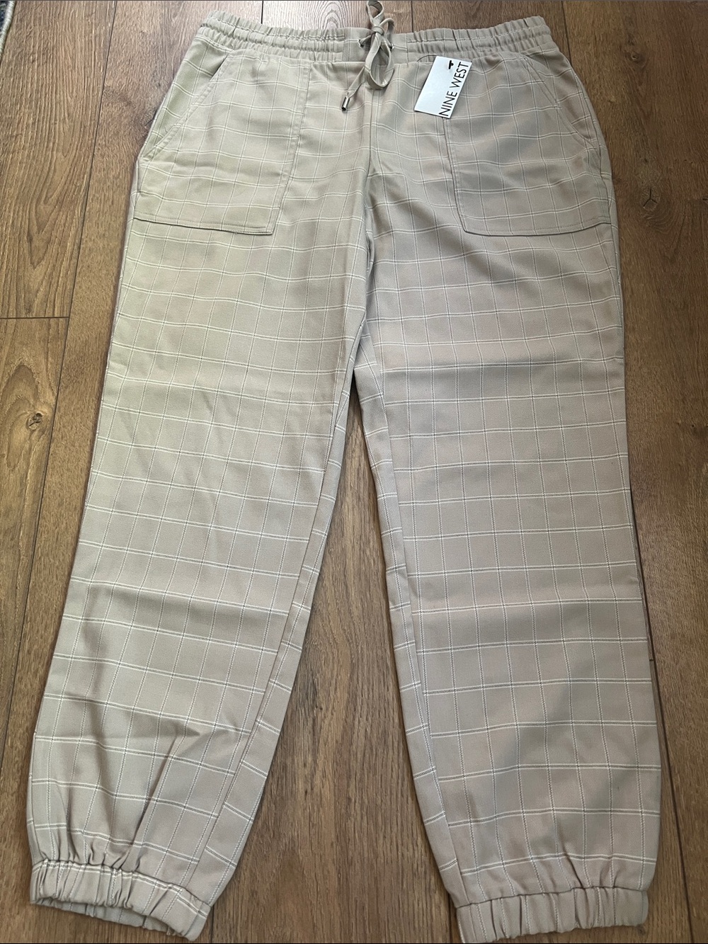 Nine West Taupe Plaid Drawstring Jogger Pants